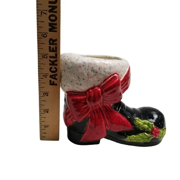 Ceramic Santa Claus Boot Black Christmas Vintage Holly Vase Planter Holiday Bow - Picture 12 of 14
